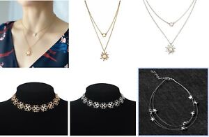 Set of 5 Necklaces - Sun Pendant Layered, Sun Statement Choker, Star Choker Gift
