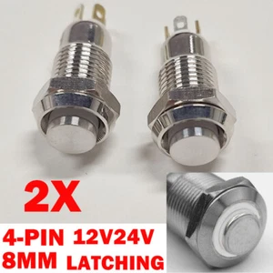 2PC 8mm White Metal Push Button Switch 4Pin LED Latching Self Locking Waterproof - Picture 1 of 7