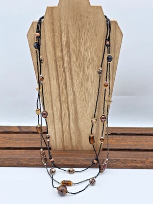 Chico’s Layered Glass Beaded Necklace Amber Copper Gold Silver Black 30" Foto 1 de 4