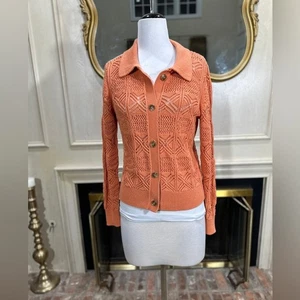Rachel Zoe Crochet Knit Button Cardigan Sweater Medium Orange Collared Retro - Picture 1 of 9