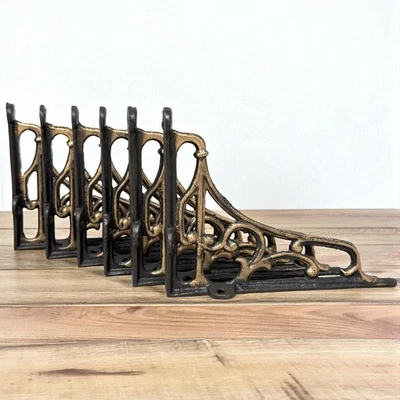 Conjunto de 6 suportes de prateleira de ferro fundido rústico pintados à mão preto e dourado 5" x 6,5" - Imagem 1 de 4