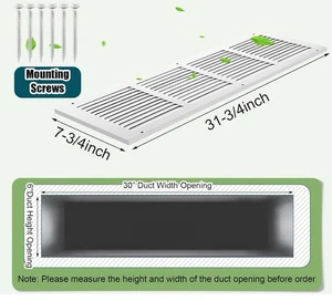 Griglia di ritorno aria copertura sfiato bianca 8" x 30" misura condotto acciaio parete soffitto AC calore - Foto 1 di 6