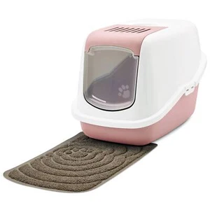 Sparpaket Katzentoilette NESTOR Haubentoilette weiss-rosa + große Vorlegematte - Bild 1 von 7