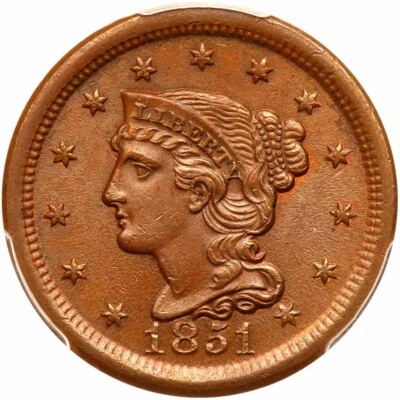 1851 N-22 R-4+ PCGS MS 64 BN CAC Braided Hair Large Cent Coin 1c - Image 1 of 3