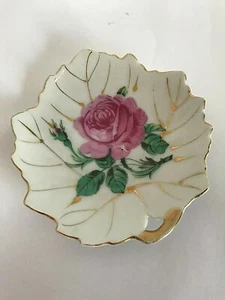 Japan Ceramic leaf shaped Plates Handled Dish Rose and Gold Trim Vintage - Picture 1 of 9