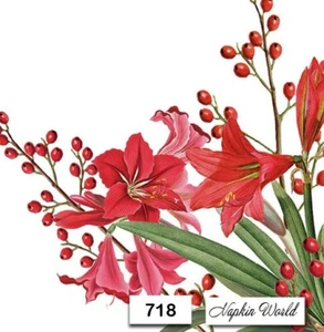 (718) TWO Individual Paper LUNCHEON Decoupage Napkins AMARYLLIS RED FLOWER BERRY - Imagen 1 de 3