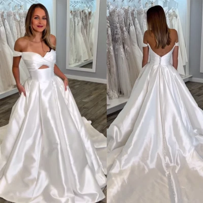 Simple Satin Wedding Dresses Off The Shoulder Sweep Train Backless Bridal Gowns - Image 1 of 4
