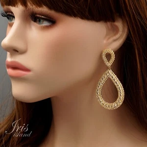 Women Gold Plated Cubic Zirconia Wedding Huge Water Drop Dangle Earrings 01852 - Picture 1 of 5