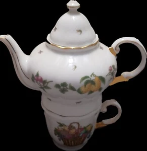 Porcelain Stacking Teapot & Cup - Fruit Pattern ~ Fine China ~ - Picture 1 of 3