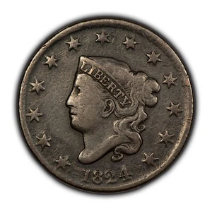 1824 1c Coronet Head Large Cent - Chocolate Brown VF - SKU-T4444 - Picture 1 of 4