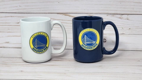 2- Golden State Warriors NBA Coffee Mugs 2012 Never Used Metal Medallion 15 oz Cover