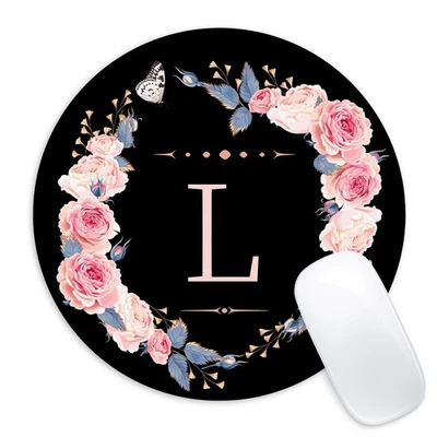 Alfombrilla de ratón redonda con flores negras y rosas letra L: base de goma antideslizante, hogar... Foto 1 de 4
