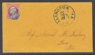 US Sc 26 on ca 1859 cover, 31mm blue BURLINGTON, VT cds & fancy cancel, to Maine - Image 1 of 2