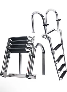 Amarine Made 4 Steps Boat Ladder Folding Pontoon Boat Ladder Stainless Steel Tel - Foto 1 di 4