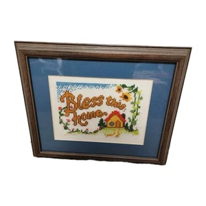 Punto croce vintage incorniciato "Benedici questa casa" 12,5" x 11" - Foto 1 di 6