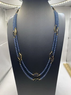 Collar con cuentas de vidrio color zafiro 2 hilos con espaciadores de vidrio y tono dorado Foto 1 de 4