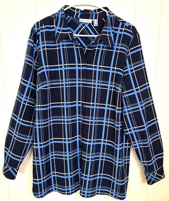 Camisa SUSAN GRAVER Tejida Líquida Botón Frontal Azul Cuadros Manga Larga Preppy L/XL Foto 1 de 4