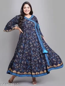 Rayon donna taglie forti stampa floreale Angrakha Kurti (blu) - Foto 1 di 3