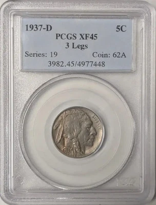 1937 D 3 Legged Buffalo Nickel PCGS XF-45 3 Legs - Image 1 of 2