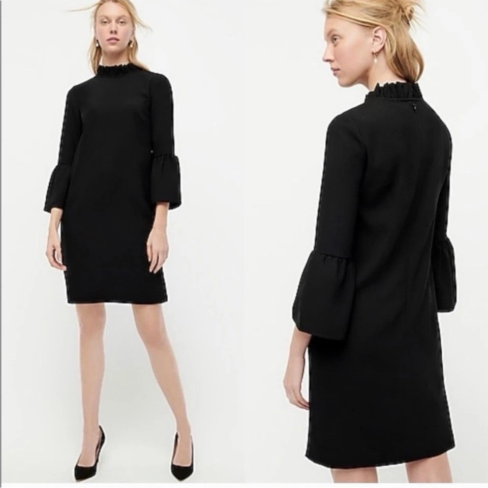 J.Crew Size 24 Black Ruffle Neck 365 Crepe Bell Sleeve Shift Dress‎ AK212