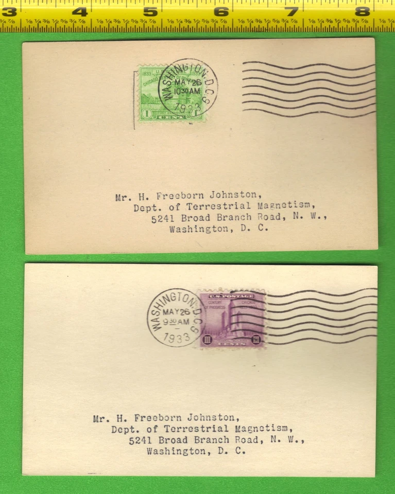 1933 FDC Stamps Sc #728 -9 to H.F. Johnston Geomagnetist - Terrestrial Magnetism - Image 1 of 2