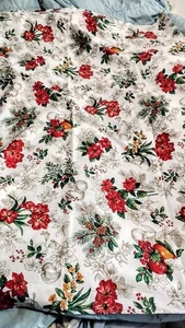 Vintage1990s Christmas Tablecloth Holly Pinecones Flowers Print Cloth 60 x 50 - Picture 1 of 8