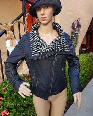 Doma Women Leather Cable Knit Collar Asymmetric Zip Up Black Jacket Size M - Image 1 of 4