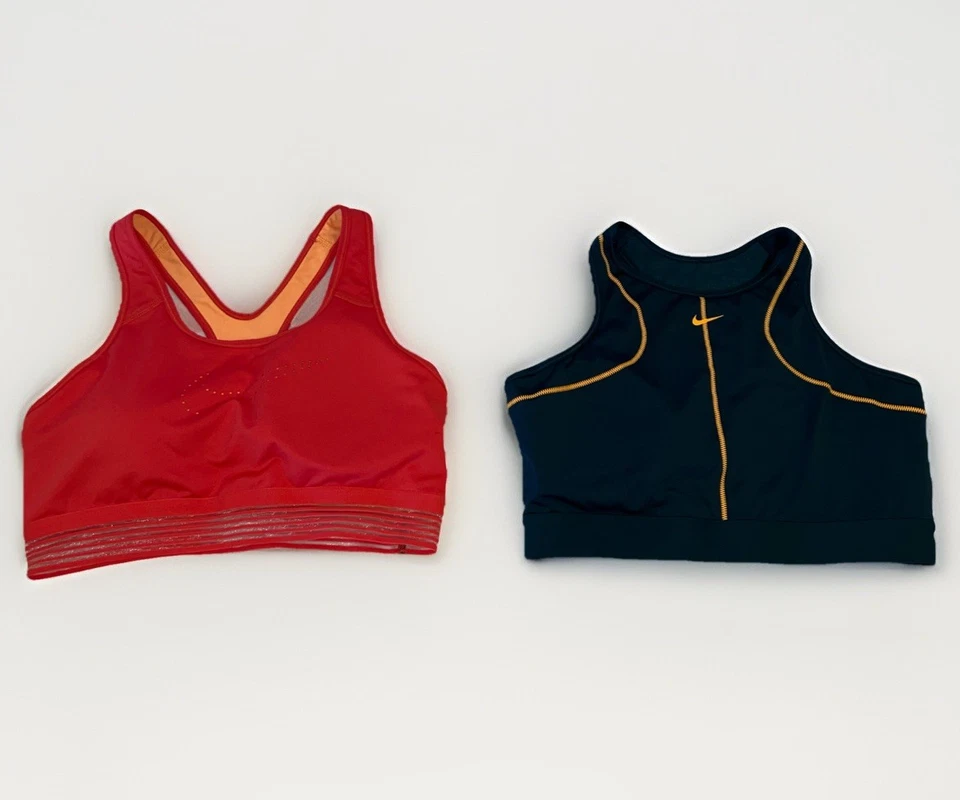 Lot of 2 Nike Sports Bras XL Dri-Fit Swoosh Logo ~One Pink Orange~One Blue Green - Image 1 of 4