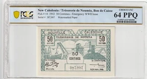 New Caledonia 1943 50 Centimes Certified PCGS Banknote UNC 64 PPQ Pick 54 - Picture 1 of 2