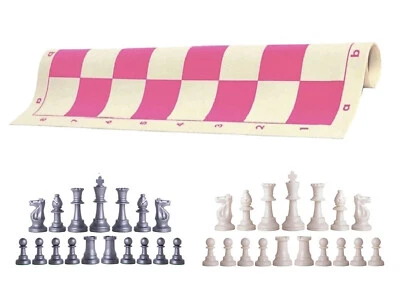 Piezas de ajedrez plateadas y blancas tablero de vinilo rosa de 20" - Juego de ajedrez de triple peso Foto 1 de 4