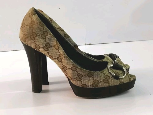 GUCCI DÉCOLLETÉ MARRONI MONOGRAM TELA PUNTA APERTA TAGLIA EU39.5 US8.5 