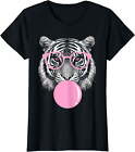 Lustige Damen Tiger Brille & rosa Bubble Kaugummi Tierliebhaber T-Shirt schwarz klein