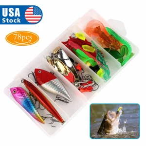 78PCS Fishing Lure Kit Crankbaits Soft Worms Hooks Metal/Silicone for All Waters - Picture 1 of 13