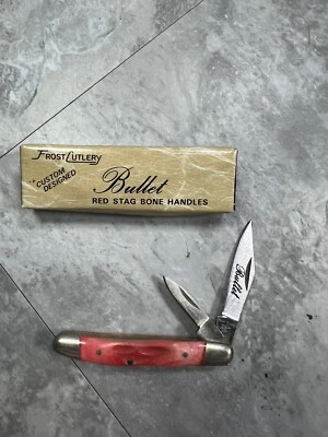 Faca de talheres Frost feita no Japão década de 1980 bala pequena duas lâminas osso de veado vermelho - Imagem 1 de 4
