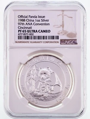 1988 China 1 Oz. de Plata Panda 97th Ana Convention Graduado Por NGC Como Pf 65 - Imagen 1 de 4