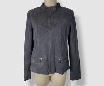 Chaqueta de moto para mujer Neiman Marcus azul gamuza cabra cremallera frontal talla S Foto 1 de 4