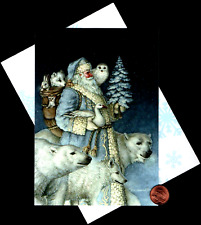 HTF CHRISTMAS Santa Claus Owl Polar Bears Fox Rabbit GLITTERED Greeting Card