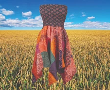 Women’s Summer Patchwork Skirt Dress, Hippie Dress Cotton Red Boho Patchwork S/M