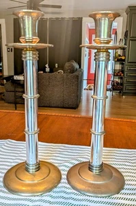 Maitland Smith 16” Brass And Chrome Candle Holders Good Condition - Picture 1 of 15