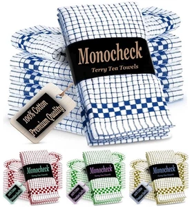Pack of 12 Terry Checked 100% Cotton Tea Towels Set Kitchen Cleaning Dish Cloths - Picture 1 of 13