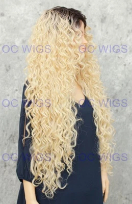 Extra Long Spiral Curls Lace Front Human Hair Blend Wig EVFZ Light Blonde Rooted - Image 1 of 4