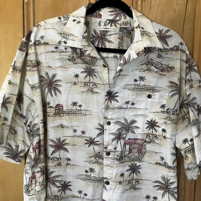 Moda Campia Moda Mens Vintage 90s Hawaiian Tiki Hut Shirt Size XL Beige SP EXC - Image 1 of 4