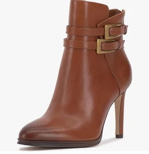 Vince Camuto Sahra Leather Double Buckle Ankle Boots Whiskey Brown Sz 8 Med Zip - Picture 1 of 3