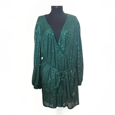 Vestido de manga comprida Lulus Sparkly Darling verde esmeralda lantejoulas tamanho GG feriado - Imagem 1 de 4