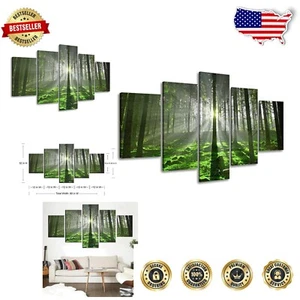 5 Panel Forest Wall Art Canvas - Vibrant Sunrise Office Decor, 60x32 Inches - Picture 1 of 10