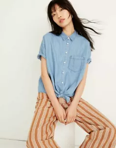 NWT women's Madewell denim short sleeve tie-front shirt Size XXS loose fit - Picture 1 of 11