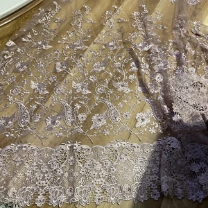 3.5 M embroidery diamond pearls Scalloped boarded Bridal lace Fabric 58” pink - Picture 1 of 3