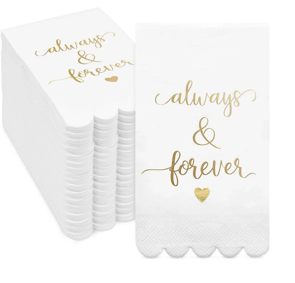 Pack de 100 servilletas blancas para recepción de boda con lámina de oro Foto 1 de 3