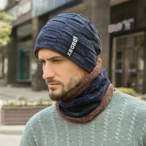 Men Beanie Hat 2Pcs Ski Cap and Scarf Outdoor Winter Warm Woolly Hats Knit Ribbe - Picture 1 of 18