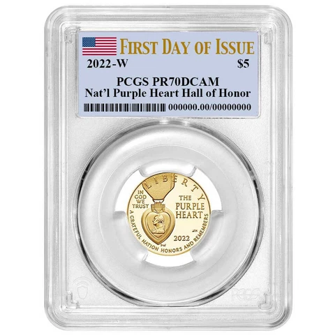 2022-W Proof $5 National Purple Heart Hall of Honor Gold Coin PCGS PR70DCAM FDOI Cover